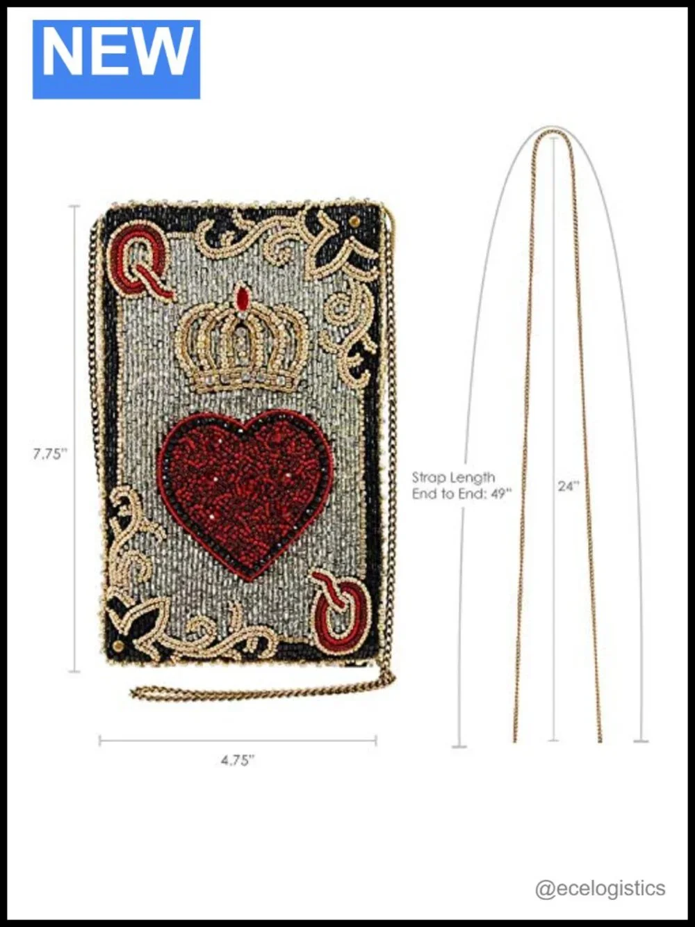 Hand-Beaded Queen of Hearts Crossbody Cell Phone Bag with Chain Strap
